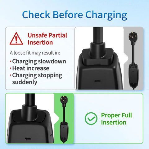Image showing proper insertion guidance for Top Tier Nema 14 50 Adapter For Tesla Mobile Connector Gen 2 240 Volt 32 Amp EV Charging.