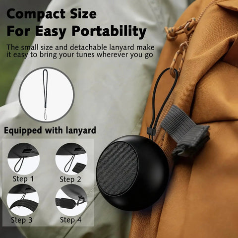 Pocket Sized Bluetooth Speaker With Deep Bass And Crisp Highs, 5W Stereo Sound, True Wireless Stereo Pairing, IP7 Waterproof, shown attached to bag with lanyard.