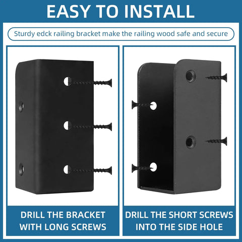 Two black powder-coated carbon steel brackets from the 20 Pack Deck Railing Brackets For 2x4 Wood Posts One And A Half Inch Black.