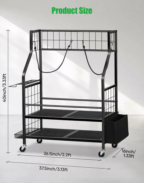Two Tier Golf Bag Storage Organizer for Garage Holds Two Golf Bags Plus Extra Clubs Shoes Balls and Accessories with Side Ball Pouch and Side Rack for Flags Towels and Hooks Grab and Go Ready, metal frame with wheels