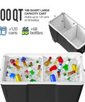 100 Quart Outdoor Cooler With Divider For Parties, Patio Ice Chest On Wheels filled with bottles and cans, heavy duty design.