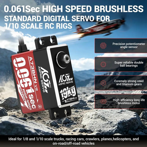High Speed Brushless Digital RC Servo Motor 1/10 Scale Radio Control Car Part with high torque and fast response on mountain backdrop.
