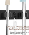 Wall Mount Mop And Broom Holder With Four Slots And Four Hooks For Quick Easy Gear Organization In Pantry Closet And Laundry Room Heavy Duty Black Rustic Wood Tool Organizer For Indoor Or Outdoor Use