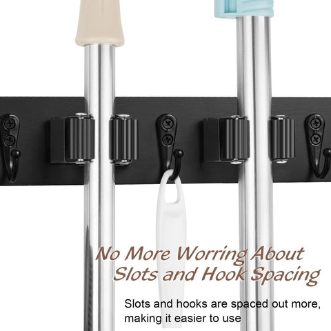 Wall Mount Mop And Broom Holder With Four Slots And Four Hooks For Quick Easy Gear Organization In Pantry Closet And Laundry Room Heavy Duty Black Rustic Wood Tool Organizer For Indoor Or Outdoor Use