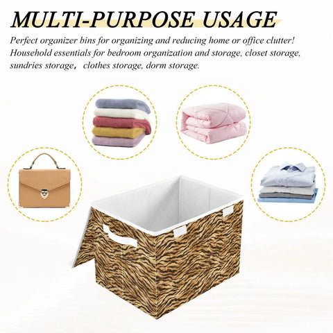 Collapsible Storage Bin With Flip Top Lid And Carry Handles For Bedroom Organization Straight Up Solid 300D Oxford Fabric Crate Folds Flat Quick Zero Drama with a tiger stripe design.