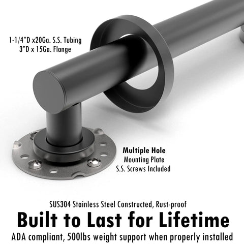 Close-up of Glacier Collection 16 Inch Stainless Steel Bath Grab Bar with matte black finish and mounting plate details.