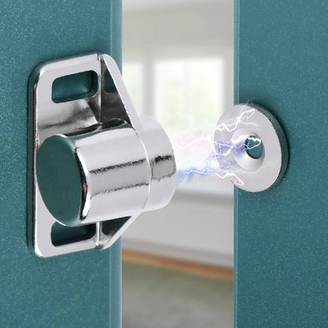 Heavy Duty Zinc Alloy Cabinet Door Magnets With Strong Magnetic Catch, chrome finish, close-up on kitchen cupboard.