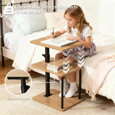 Built Tough 360 Degree Swivel C Shaped End Table With Roomy Three Tier Open Storage Rack And Heavy Duty Metal Frame Featuring Slick Oak Finish For Couch Or Bedside with a child drawing on it.