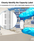 2ml Borosilicate Glass Autosampler Vials 1000 Pack With 9 425 Screw Tops For HPLC And GC Chromatography marked with capacity labels.