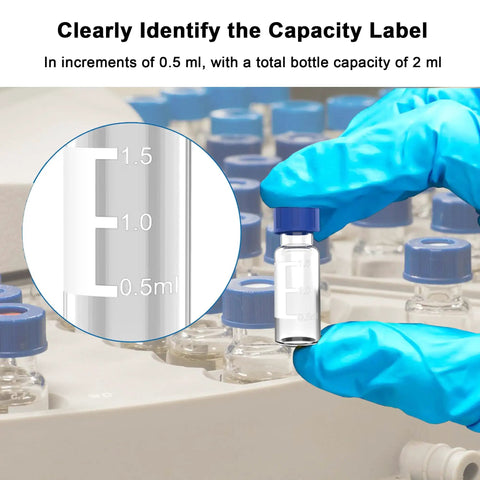 2ml Borosilicate Glass Autosampler Vials 1000 Pack With 9 425 Screw Tops For HPLC And GC Chromatography marked with capacity labels.