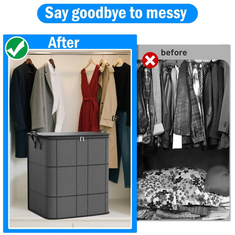 Oversized 160L Storage Bag Organizer Waterproof Non Woven With Double Zippers And Reinforced Handles For Moving Supplies Traveling Clothes And Blankets Gray in closet comparison before and after mess.