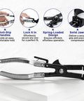 Six Piece Piston Ring Compressor Tool Set with adjustable rings and installer pliers showing anti-slip handles and design features
