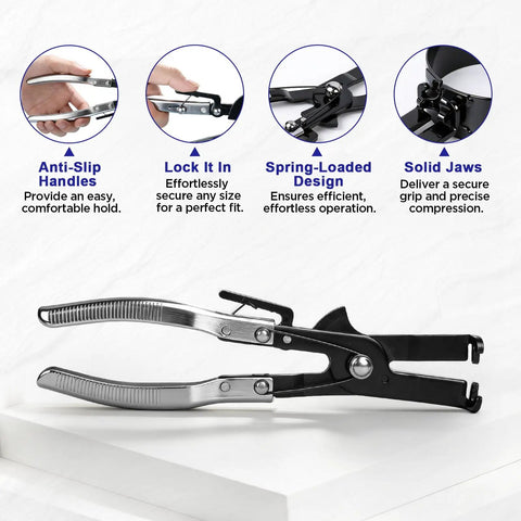 Six Piece Piston Ring Compressor Tool Set with adjustable rings and installer pliers showing anti-slip handles and design features