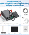 Complete set of 9000W Battery Spot Welder With Dual Pulse Output with accessories including nickel coil, charging cable, and more.
