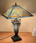 Tiffany Style Table Lamp With Nightlight 16 Inch Wide Handmade Stained Glass Desk Lamp With Three Lights Blue Mission Antique Look