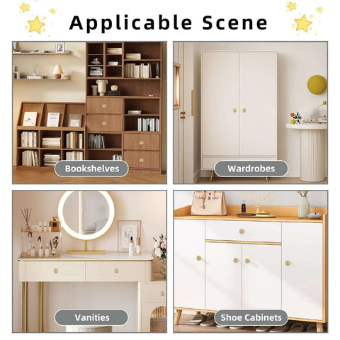 Four scene uses for Six Pack Gold Pumpkin Shaped Cabinet Knobs With Screws: bookshelves, wardrobes, vanities, shoe cabinets.