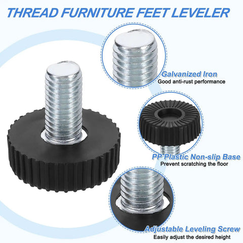 Heavy Duty M10 Thread Adjustable Furniture Leveling Feet 4 Pack Screw On Table Stabilizers For Chair And Stool Legs Black Base Glides with galvanized iron and PP plastic.