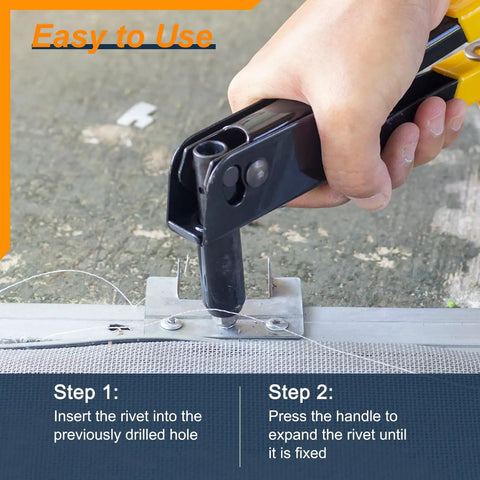 Person using a rivet tool to install 3/16x3/8 Aluminum Countersunk Blind Rivets Silver Open End Fasteners for DIY projects.