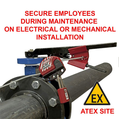 Adjustable Lockout Tagout Steel Cable Four Millimeter Diameter Six Foot Pull Tight With Integrated Hasp on pipe