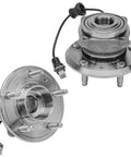 4 Piece Front And Rear Wheel Bearing Hubs Assembly With ABS For Chevy Equinox Captiva Sport Pontiac Torrent Saturn Vue Suzuki XL7 2007 To 2015 5 Lug Kit Ready To Roll, showing metallic 5-lug hub assemblies with ABS sensors and wiring.