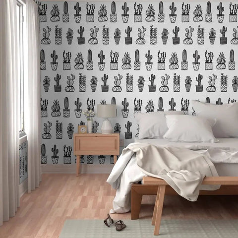 Heavy Hitter Commercial Wallpaper Featuring Bold Botanical Prints And Soft Linen Texture, Pvc Free Paste To Paper Wallcovering Built Different For High Traffic Spaces in a bedroom with cacti design.