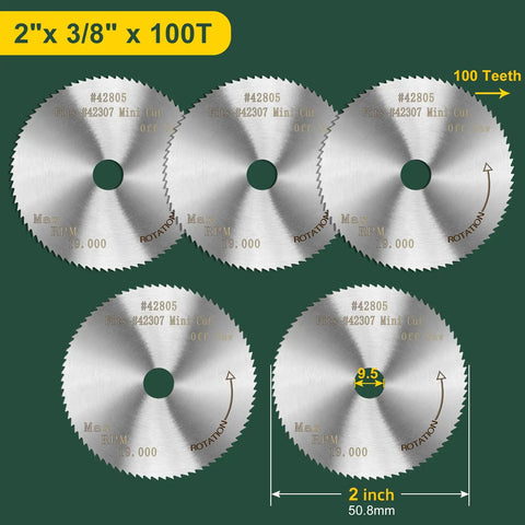 Five-pack of HSS Saw Blade 2 Inch Mini Circular Blade with 0.5mm Kerf and 100 Teeth for precise miter cuts and off saw work.