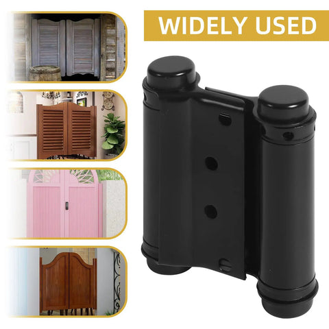 3 Inch Double Action Spring Hinges 4 Pack Matte Black Stainless Steel Self Closing Double Swing Hinges mounted on door panels.