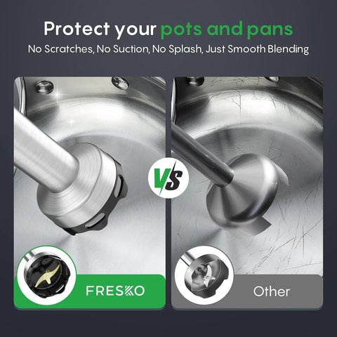 Side-by-side comparison of Hella Smooth Immersion Hand Blender With Variable Speed Trigger and competing blender in a stainless steel pot.