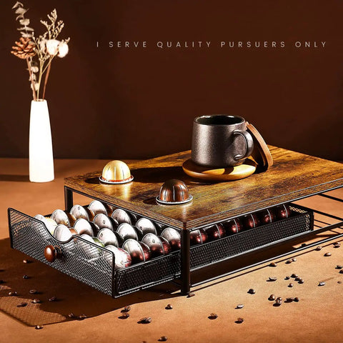 Wood And Iron Coffee Pod Holder Organizer For Drawer showing capsules and a mug on top, made of wood and reinforced alloy steel.