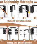 INTERWARM 4Pcs Slide Bolt Gate Latch for Wooden Fence installation methods, showcasing screw and no-drill options with black hardware.