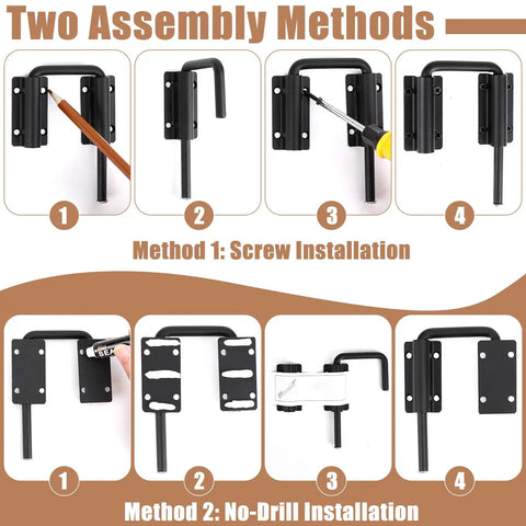 INTERWARM 4Pcs Slide Bolt Gate Latch for Wooden Fence installation methods, showcasing screw and no-drill options with black hardware.