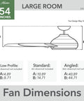 Diagram showing dimensions of the Big 54 Inch Matte Silver Ceiling Fan For Indoor And Outdoor Living with reversible walnut blades.