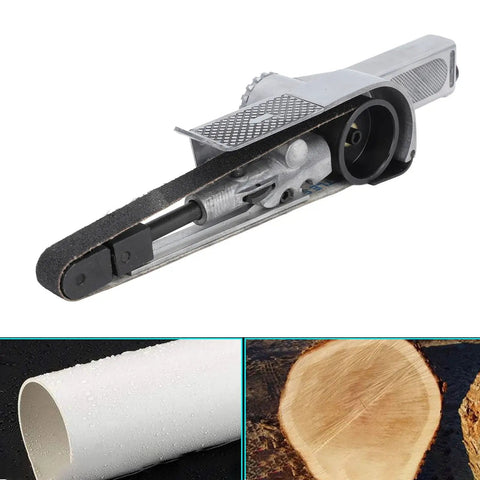 Compact Mini Air Belt Sander With Variable Speed Pneumatic Angled Grip Includes Two Sanding Belts for detailed trim work.