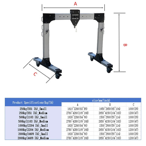 Rock Solid Portable Gantry Crane Heavy Duty Aluminum Alloy Lifting Rig 4400 Lbs Capacity with detailed dimensions and specs.