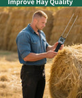 Portable Hay Moisture Meter With Dual Probe Forage Tester Fast Accurate Readings From 0 To 80 Percent With Auto Temperature Compensation Great For Alfalfa Orchard Grass And Bales Helps You Nail Harvest Timing And Safe Stocking. man checking hay bale moisture meter