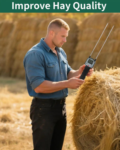 Portable Hay Moisture Meter With Dual Probe Forage Tester Fast Accurate Readings From 0 To 80 Percent With Auto Temperature Compensation Great For Alfalfa Orchard Grass And Bales Helps You Nail Harvest Timing And Safe Stocking. man checking hay bale moisture meter