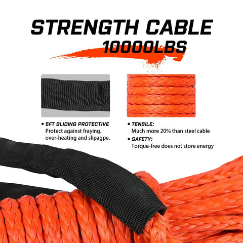1/4 Inch By 50 Foot Orange Synthetic Winch Rope With Black Protective Sleeve, 10,000 Lb Load Capacity, detail view