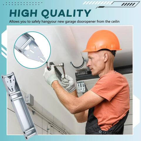 Man installing garage door opener bracket, part of Garage Door Hinges And Rollers Replacement Kit With Quick Turn Top Brackets