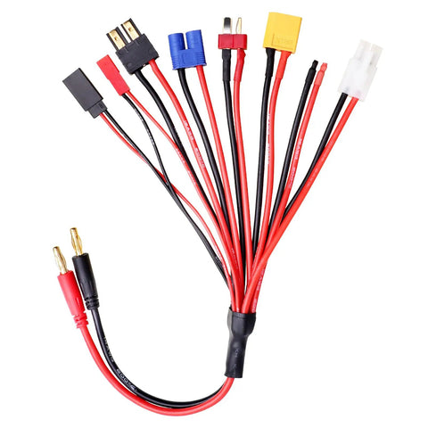 Eight In One RC Charger Splitter Cable Plug And Play With Four Millimeter Banana Plug To Deans TRX Tamiya XT60 EC3 JST Futaba shown