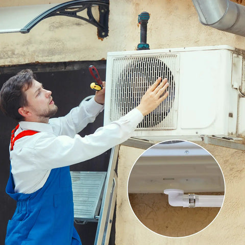 Technician installing 10 Foot Universal Air Conditioner Drain Hose With Elbow Fitting For Window AC And Mini Split Units