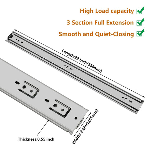 22 Inch Beefy Heavy Duty Drawer Slides Without Lock Full Extension Ball Bearing Industrial Slides With 3 Section Tracks And Runners 150 Lb Load Capacity Side Mount For Dresser Toolbox RV Truck Bed, showing zinc-plated steel construction with dimensions.