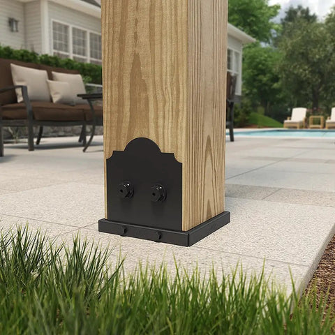 8x8 Post Base Kit For Pergolas And Decks With Decorative Plates, Hex Cap Nuts, OWT Timber Screws on outdoor tile patio