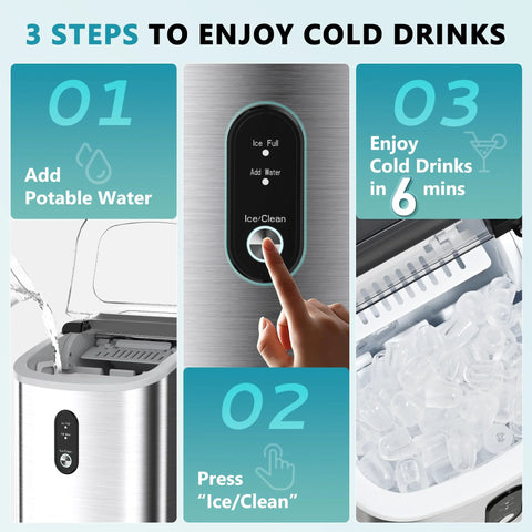 EUHOMY silver countertop ice maker, front view with control panel; includes ice basket and scoop.