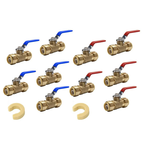 Pack Of Ten Half Inch Push Fit Full Port Ball Valves For Hot And Cold Water With Two Disconnect Clip Tools Lead Free DZR Brass