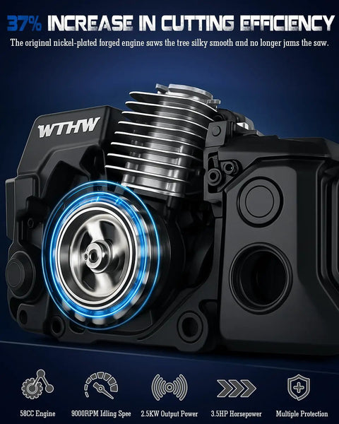 Close-up of 58cc Gas Powered Chainsaw engine showing centrifugal air filter and components, highlighting efficiency features.