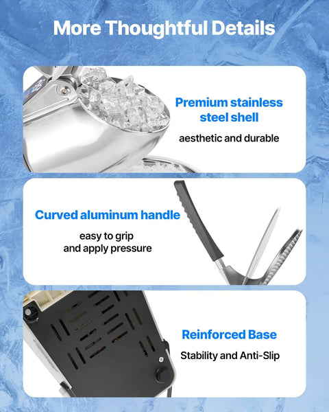 Workhorse Ice Shaver Machine For Home And Commercial Use, stainless steel shell, curved handle, reinforced base details.
