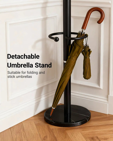Heavy Duty Coat Rack With Marble Base And 16 Hooks Freestanding Coat Tree With Detachable Umbrella Holder in corner view