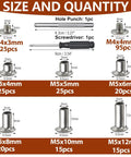 Top Tier 120 Piece Chicago Screws Kit With Six M5 Sizes For Leather And Craft Projects Includes sizes and quantities of rivets and tools.