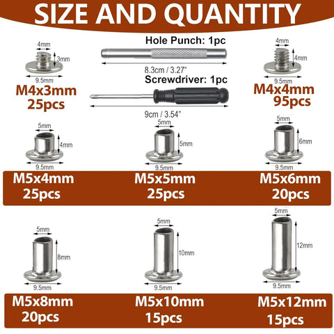 Top Tier 120 Piece Chicago Screws Kit With Six M5 Sizes For Leather And Craft Projects Includes sizes and quantities of rivets and tools.