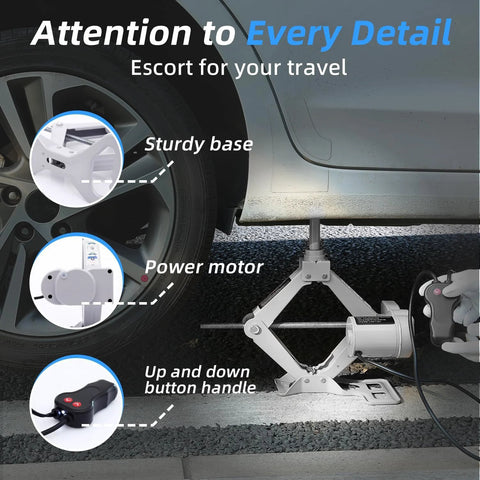 Electric Car Jack 3 Ton Scissor Floor Jack Set With 12V Automatic Lift for roadside emergency tire change under a sedan.